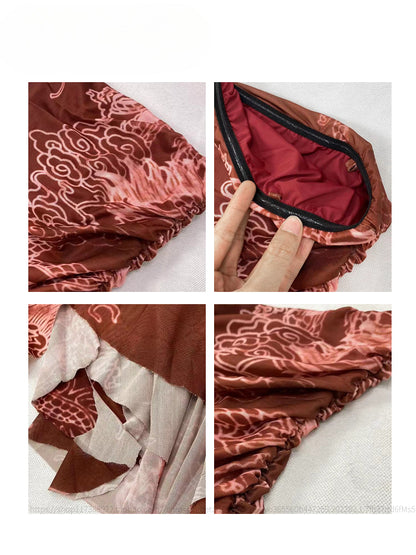 Wine Red Asymmetrical Hem Dragon Print Glamorous Spaghetti Strap Dress