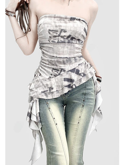 ストラップレス アシンメトリープリント ホワイトトップレター グラマラスヘム ビタースウィート