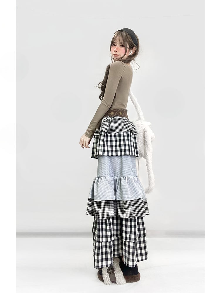 Y2K ブラック＆ホワイト チェック柄 アンクル丈 ティアードスカート