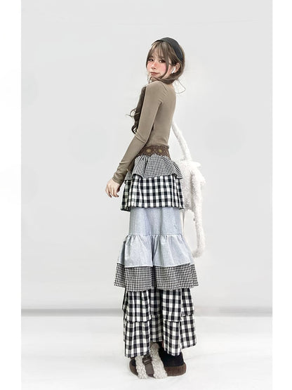 Y2K ブラック＆ホワイト チェック柄 アンクル丈 ティアードスカート
