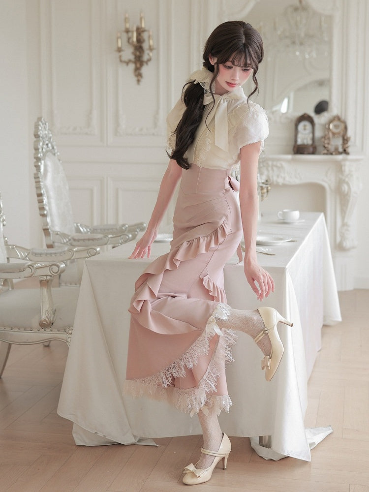 Pink-White Mermaid Two-Piece Dress with Ruffle Hem - With PUJI
