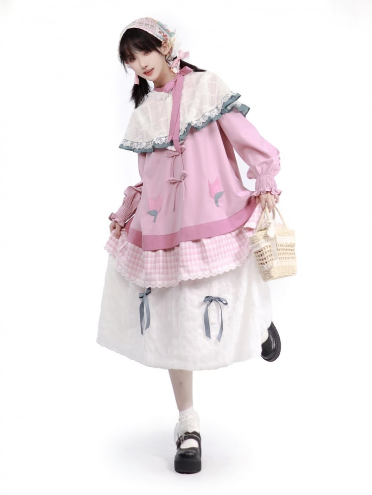 ホワイトチェック柄レーストリムケープ