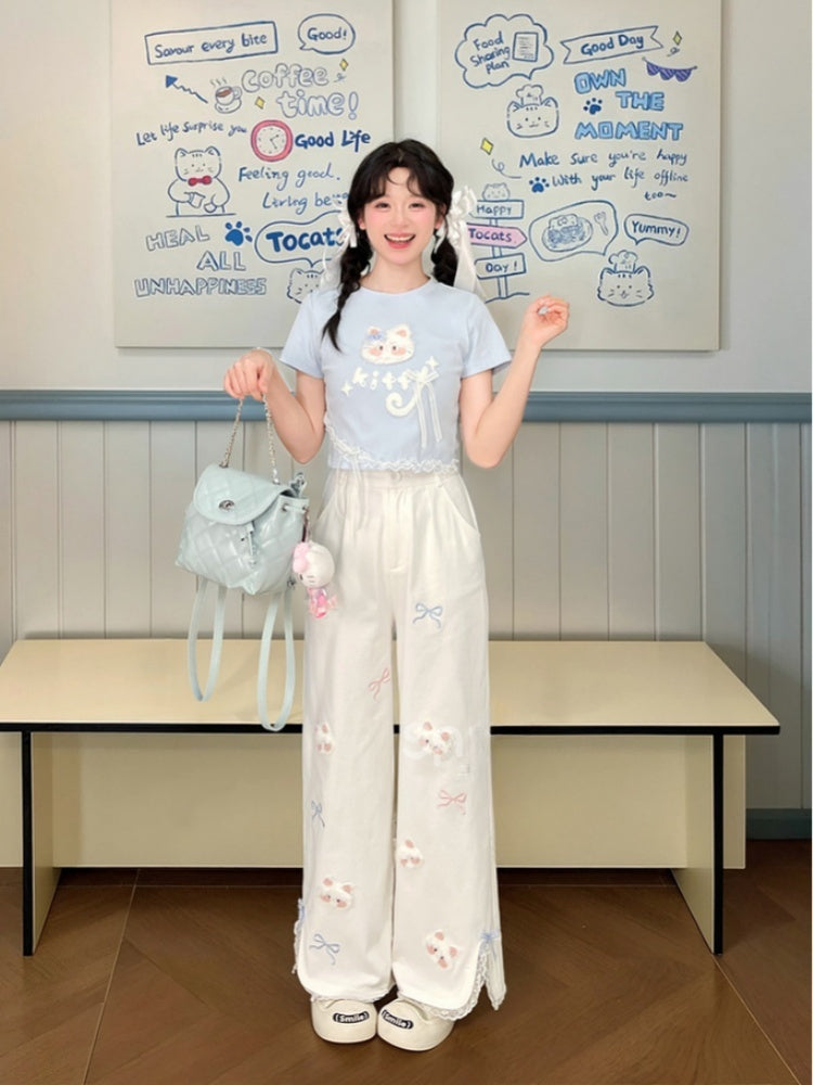 White Straight-Leg Pants Plush Kitty Appliques Bow Embroidery Regular/Short Version