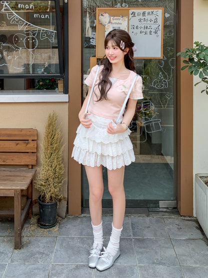 フェイクツーピース ピンクチェリー刺繍 スイートフローラルTシャツ