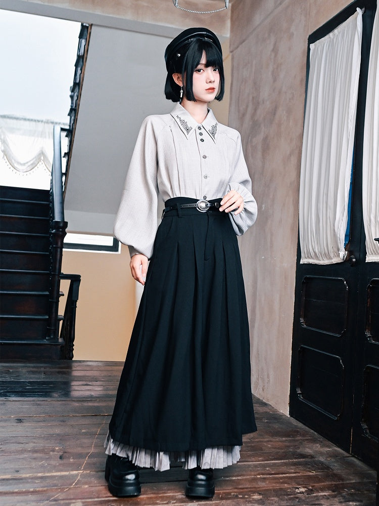 Black Pants with Regular/Thicken Cheongsam Gothic Hem Pleated Gray Wide-Leg
