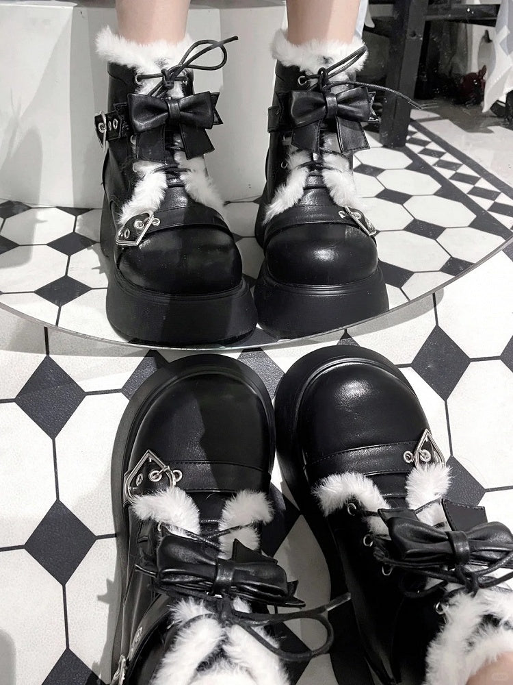 Lace-Up Platform Black Design Buckle Heart Lined PU Boots Plush with - Punk