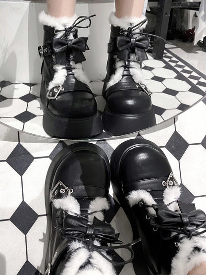 Lace-Up Platform Black Design Buckle Heart Lined PU Boots Plush with - Punk