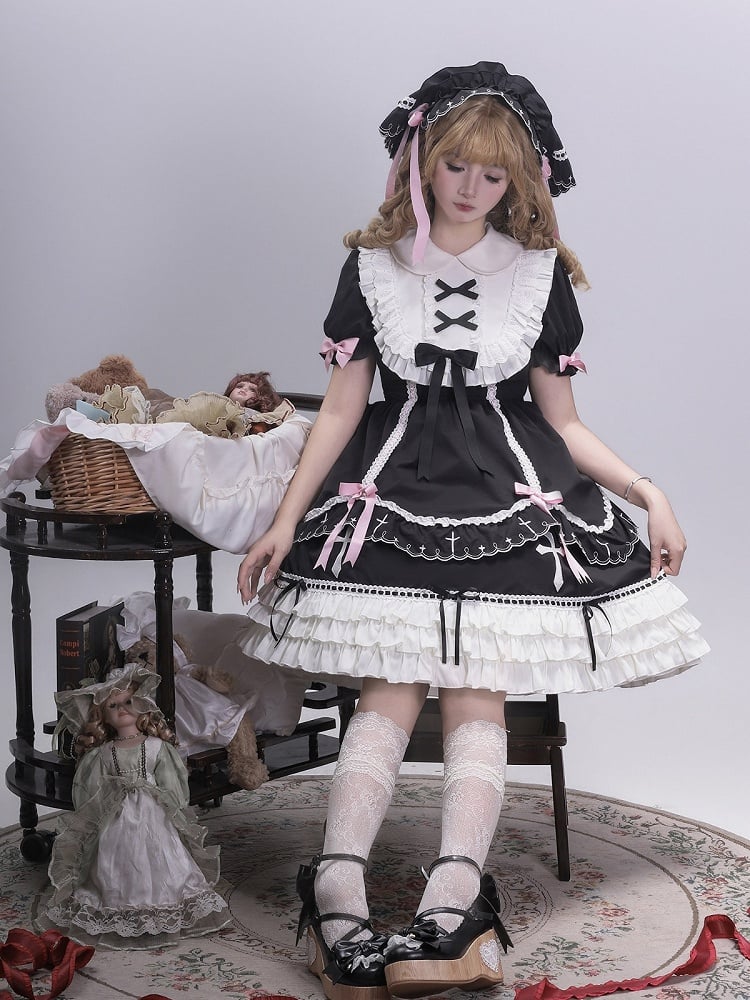 Short Sleeve Peter Pan Collar Lolita OP with Cross & Bow Accents in Black & Pink - MUYU