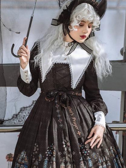 Long Version White Black with Sleeves Dress Lolita Church Gothic Collar Stained Detachable Window