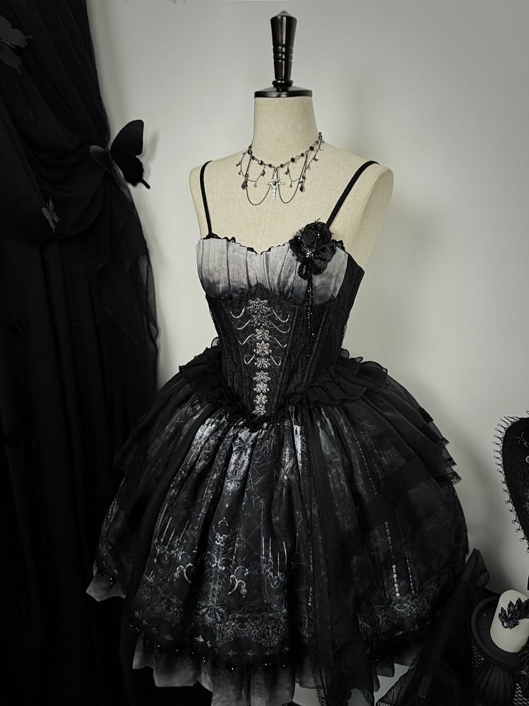 Print Butterfly Corset Spaghetti Ribs Straps Lolita Gothic Dress JSK and