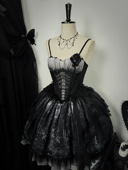 Print Butterfly Corset Spaghetti Ribs Straps Lolita Gothic Dress JSK and