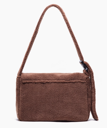 Letter Embroidered Fuzzy Tote Bag With Adjustable Strap - Perfect For Fall And Winter Brown