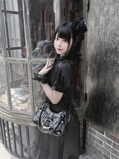 Back Bow Tie Black Ruffled Lace Trim Self-tie + Jirai Kei Chiffon Dress