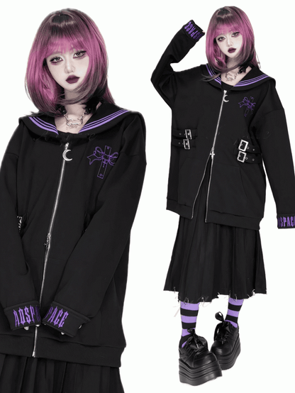 Purple Nautical in Collar Sailor - Jacket Style Black
