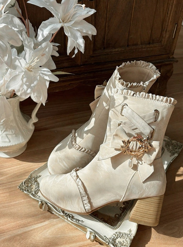 Apricot Lace-Up Round Toe Bow-Adorned Sweet Lolita Ankle Boots - Magic Peach