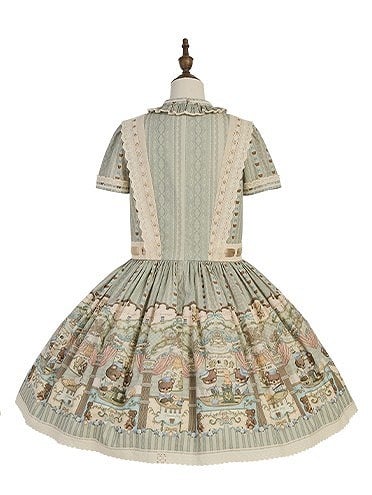 Theme Ruffle Bear Lolita Waist Neckline Green Dropped Dress Sweet