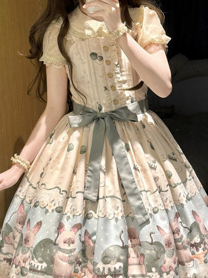 with Green Beige Trim Print Sweet Dress Lace Apple Bunny Lolita and