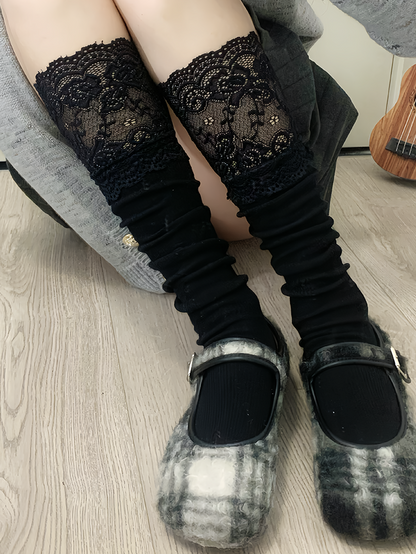White/Gray/Black Sweet Lace Trim Calf Socks