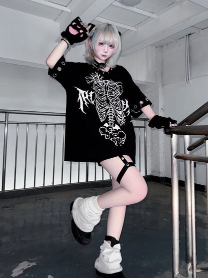 Oversized Black Jirai-Kei Tee with Skeleton Print, Rivets and Circular Eyelets, Short Sleeve - Puzzles