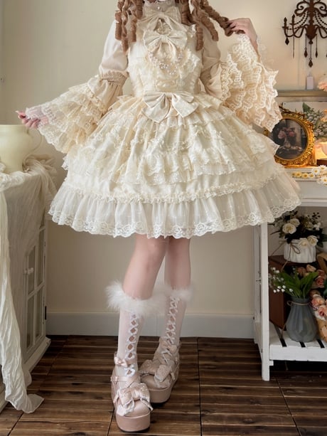 White Hanayome Lace Apricot Dress Lolita Jumper Decorated Skirt Trims Bows