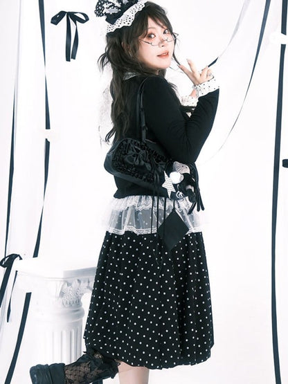 White Below-Knee Zipper with Side Plus Dots Skirt Black Size Polka