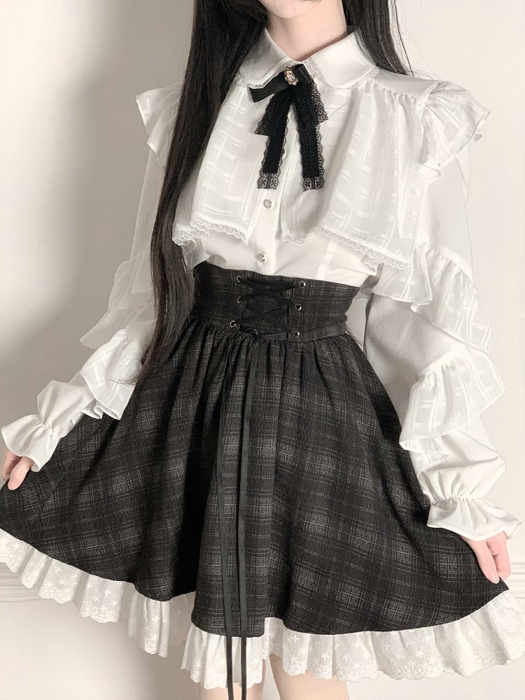 Bow High-Waisted Blouse + White Decor Kei Black Ruffle - Lace Skirt Plaid with Set Jirai