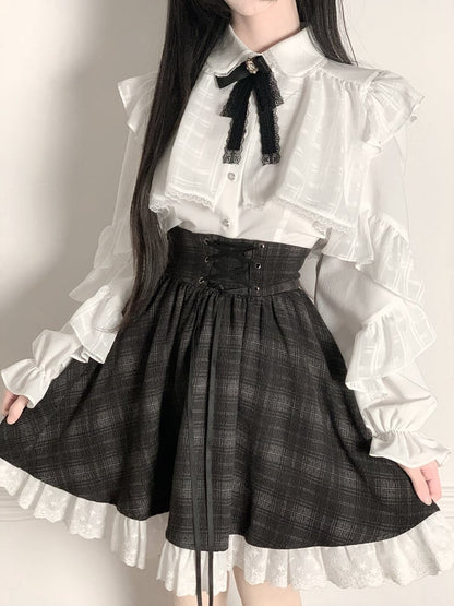 Bow High-Waisted Blouse + White Decor Kei Black Ruffle - Lace Skirt Plaid with Set Jirai