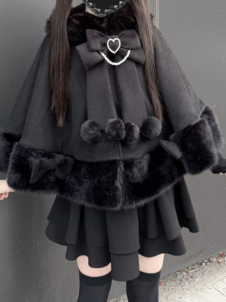 Jirai Cape Kei with Hood Coat - Kitty-Ears Plush Wool Essential Black Fall/Winter