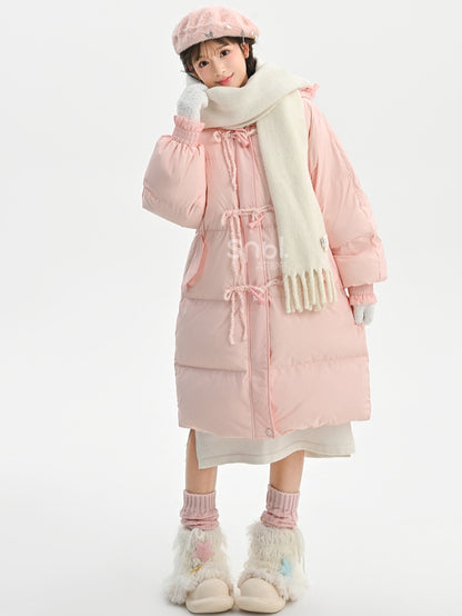 Rosa Daunenmantel mit Kapuze, Schleife und Horn-Knopf