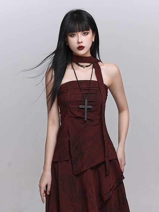 Gothic Red Bust with Strap Bustier Ruched Off-Shoulder Top Neck