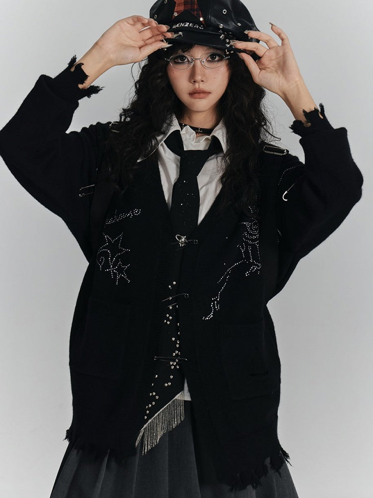 Cardigan Rhinestone Hem Placket Black Frayed V-Neck with Punk Three-Pin Knit