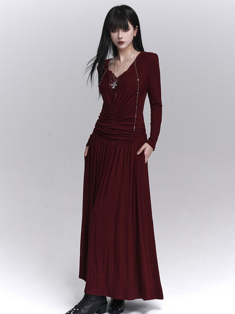 Maxi Gothic Detaillierung mit dunkelrotem Bauchkleid Spitze V-Ausschnitt gerüscht