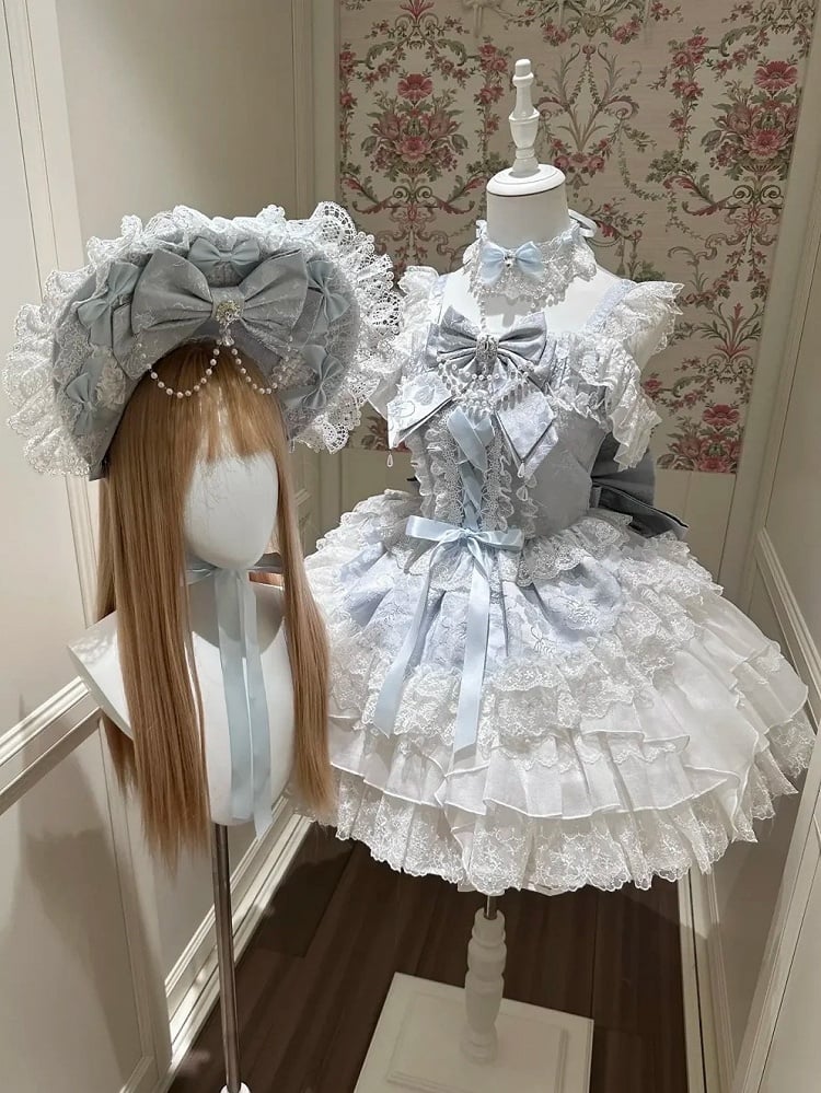 Blue Ballet Style Lace Ruffle Lolita JSK Dress with Bead Chain Bow Details - White Sugar Girl