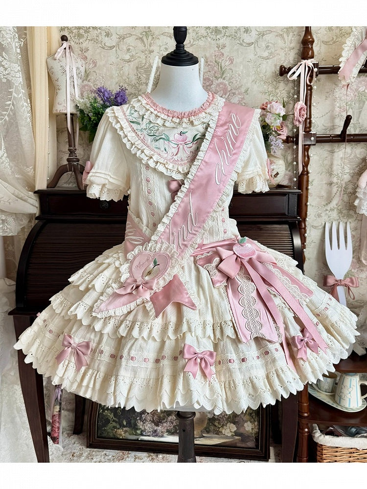 Ruffled Short-Sleeve Lolita OP Dress with Apple Embroidery in Sweet Pink & Beige - Yinying Lolita