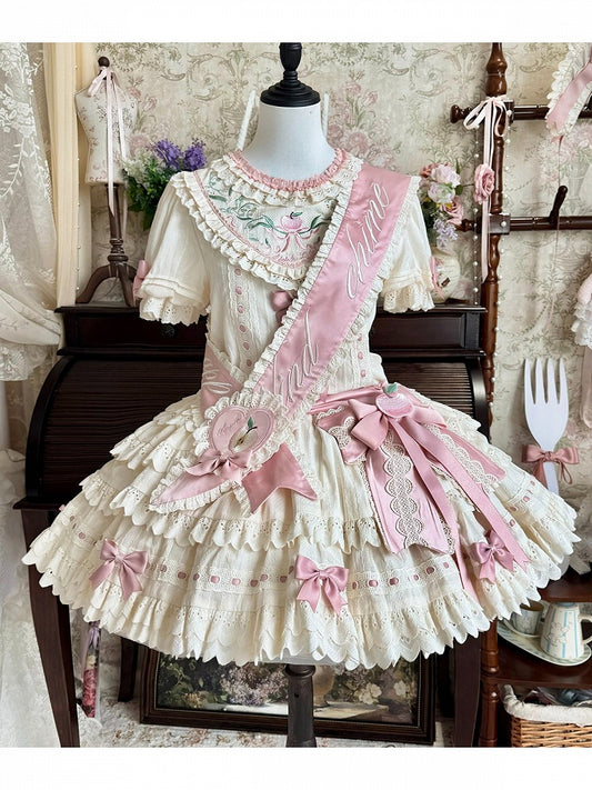 Ruffled Short-Sleeve Lolita OP Dress with Apple Embroidery in Sweet Pink & Beige - Yinying Lolita