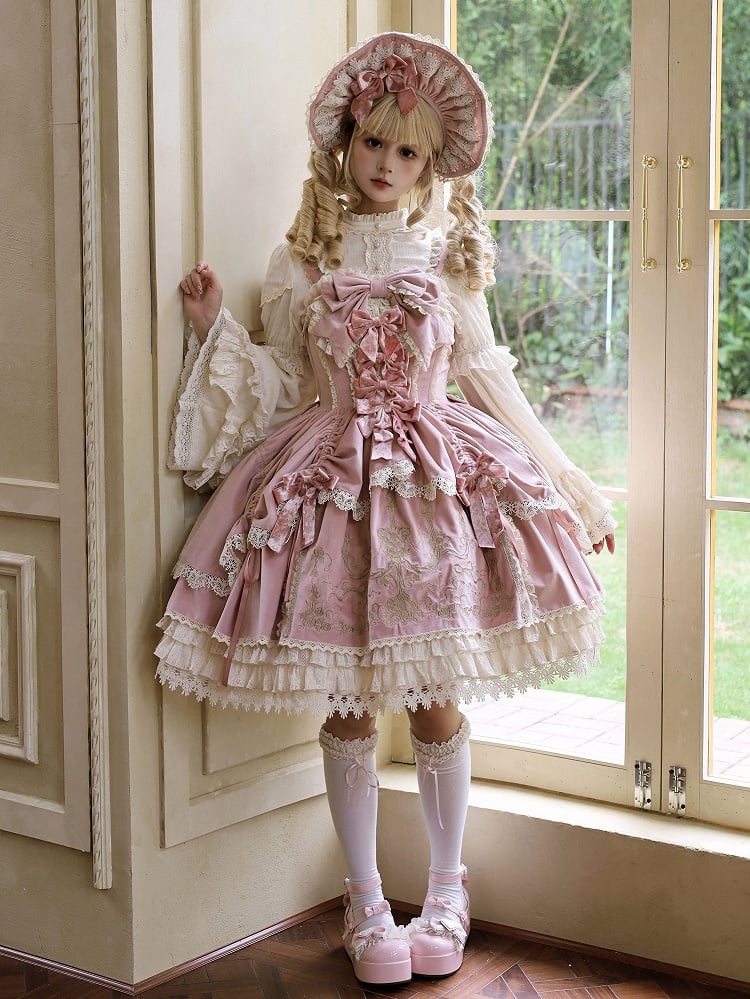 Lolita Kerzendekoration Kleid Schleifen JSK Samt Stickerei / Rosa