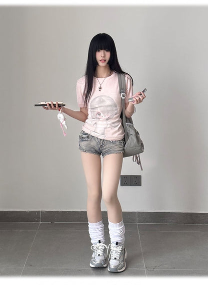 ネックBJDドールプリントスリムフィットTシャツピンクラウンド