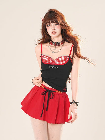 Sweetheart Neckline Faux Two-pieces Cami Top Black/White