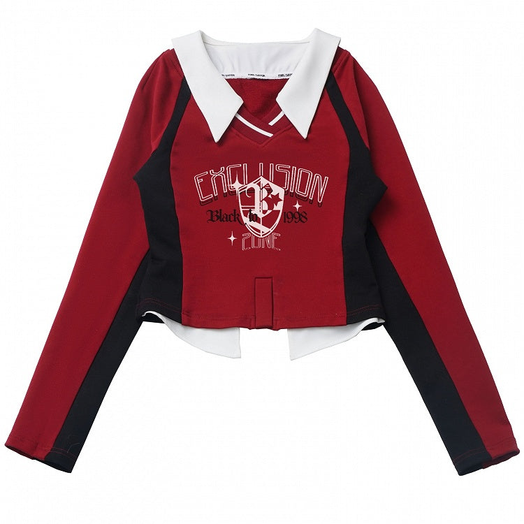 Red Layered-Look Design V-neck Cropped Sweatshirt