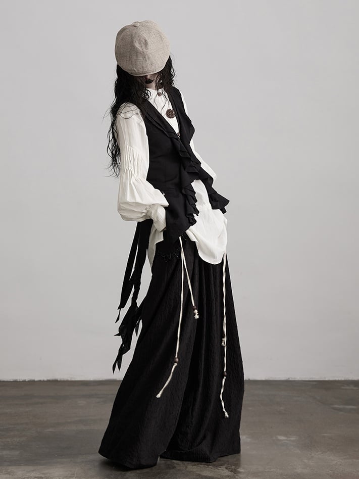 Ruffle Multi-Layer Sleeveless Black Paneled Vest Urban Goth