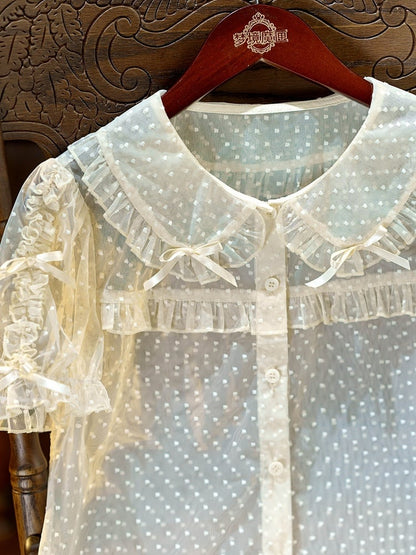 Apricot Peter Pan Collar Polka Dot Sheer Tulle Blouse - Dream Magic Box