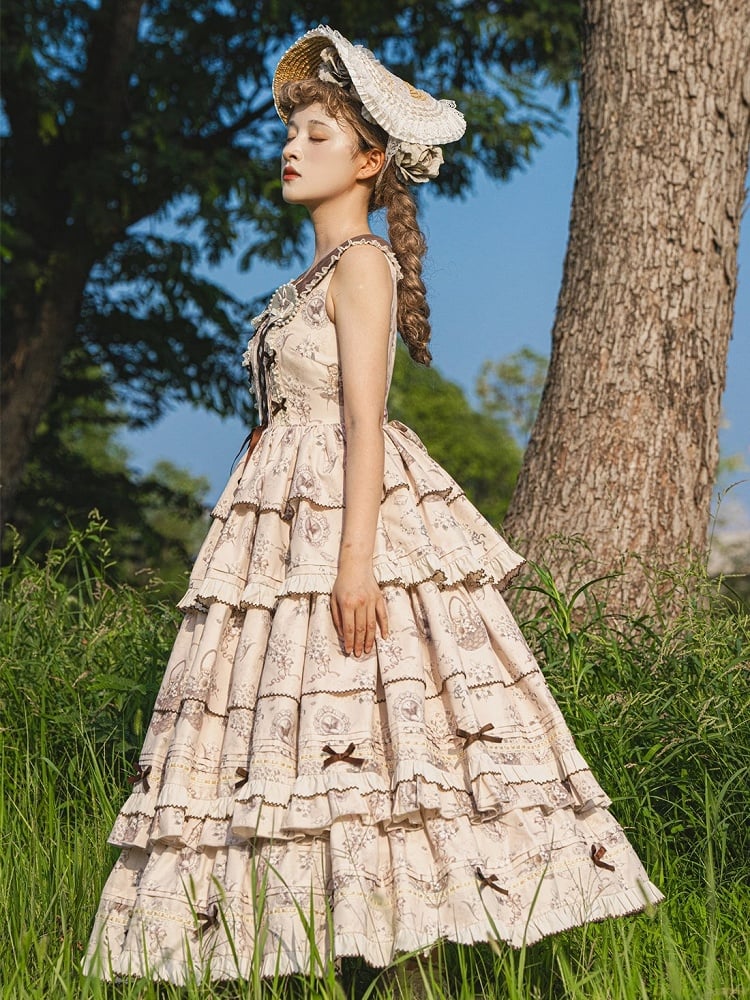 Beige & Brown Floral Print Tiered Ruffles Elegant Classic Lolita Dress with Plaid-Patterned Collar