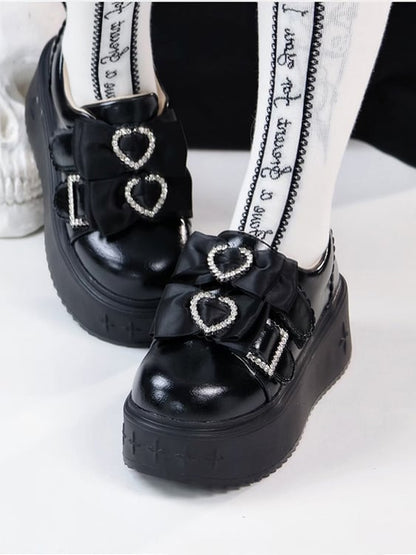 Thicken/Regular Rhinestone Accents Kei Decor Version with Heart Jirai Bow Platforms in Slip-on Black