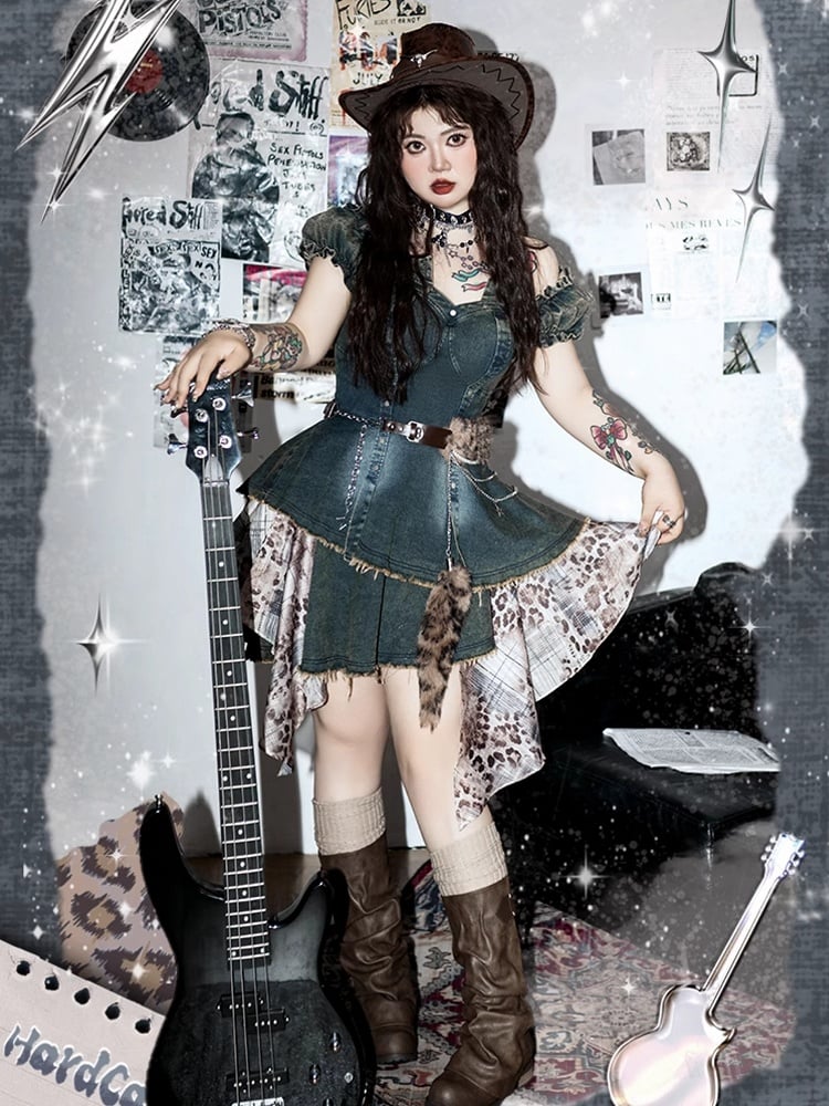 Mode mit blauen Puffärmeln Jeanskleid Leopardengürtel Patchwork Plus Size Gyaru Taille