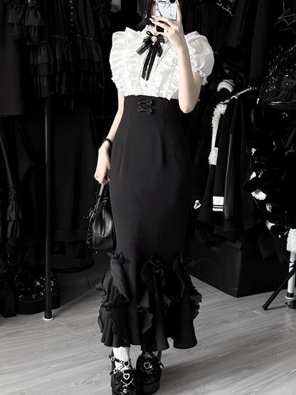 ロリータホワイトピースブラックエレガントツーデザインマーメイドドレスウエストスカートボーンフェイクブラウス