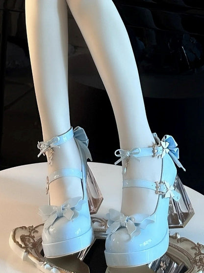 with Diamond-like Light Mary Janes Snap High-heel Charm Closure Blue Hime Lolita