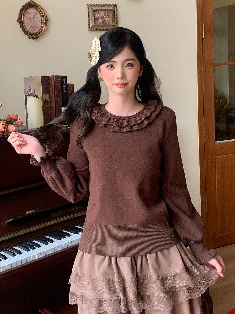 Caramel Bowknot Accent Long Sleeve Blouse with Ruffle Cuffs and Neckline - Lan Jian Chuan