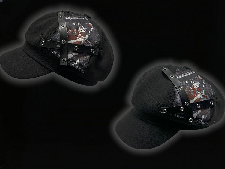 Y2K Black Criss-cross Straps Goth Girl Applique Punk Beret