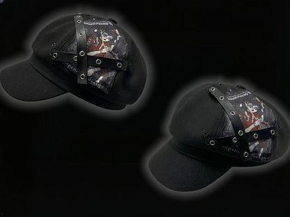 Y2K Black Criss-cross Straps Goth Girl Applique Punk Beret