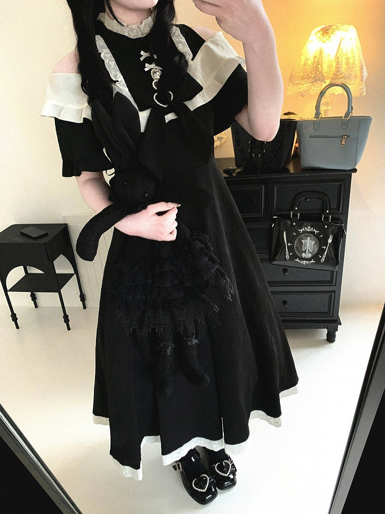 Extended Cutout Shoulder Jacquard Dress, Ruffle & Bow Trim, 4 Colors - Kitty Bxllet
